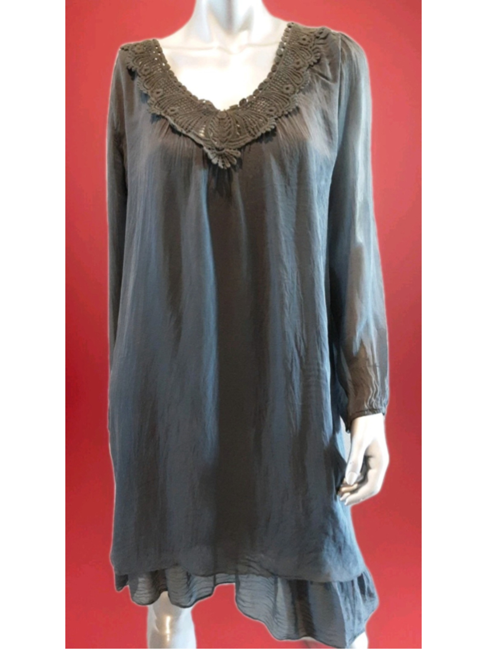 CARLA CONTI-Silk Made Italy Storm Gray-Lined Ruffle Hem Dark Romance Luxe Sz S